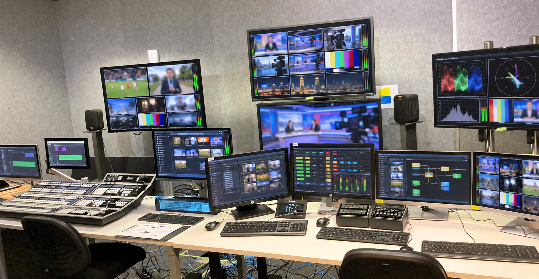 SBS broadcast facility with active production screens